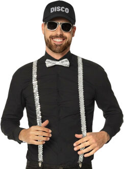Disco/thema verkleed set - Disco pet/bretels/party bril/vlinderstrik - glitter zilver - volwassenen