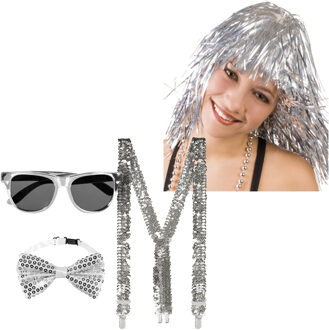 Disco/thema verkleed set - verkleed pruik/bretels/party bril/vlinderstrik - zilver - volwassenen