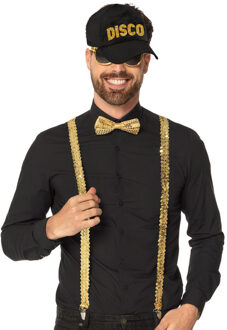 Disco Verkleedset - bretels/bril/strik en cap - goud/zwart - Carnaval/70's/80's - themafeest