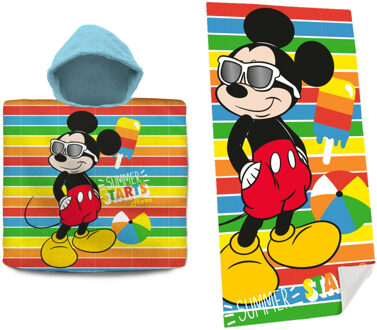 Disney Mickey Mouse Set bad cape/poncho en strand/badlaken - voor kinderen - Badcapes Multikleur