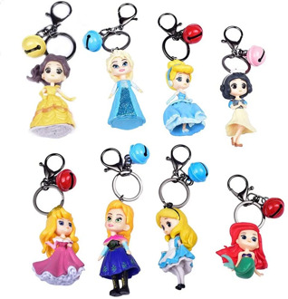 Disney Princess Keychain Frozen Elsa The Little Mermaid Belle 8pcs PVC Action Figure Key Ring Toys Children's Christmas Gifts