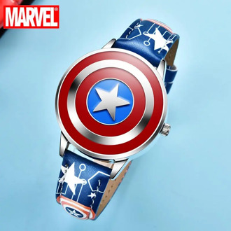 Disney Super Hero Marvel Avengers Captain America Child Leather PU Waterproof Children Quartz Flip Metal Case Watches Boys Clock
