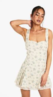 Ditsy Bloemen Mini Jurk Met Vierkante Hals En Gevouwen Zoom, Ecru - 38
