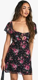 Ditsy Floral Mesh Mini Jurk Met Engelachtige Mouwen En Vetersluiting Aan De Voorkant, Black - 42