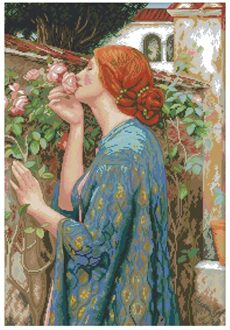 Diy 11CT Gestempeld Borduurpakketten Pre-Gedrukt Borduurwerk Kit Handwerken Eenvoudig Patroon, Vrouw En Bloemen