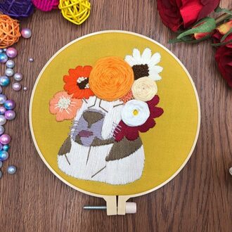 Diy Borduurwerk Starter Kit Met Kat Patroon Gestempeld Borduurwerk Decoratie Met Borduurwerk Doek, Bamboe Hoepel Threads Naald L3