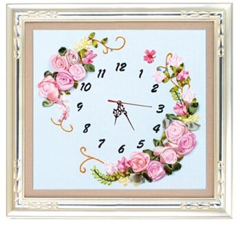DIY schilderen unieke craft muursticker Klok roze roze bloem kruissteek handwerken 3D DIY satijnen Lint borduren thuis zonder circle
