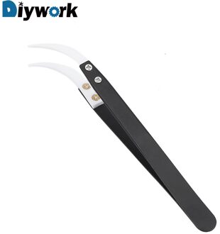 Diywork Anti-Statische Precisie Gebogen Tips Pincet Hittebestendige Keramische Tips Pincet Rvs Handvat zwart