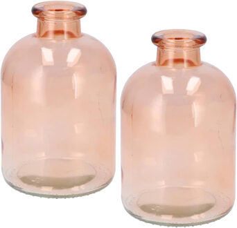 DK Design Bloemenvaas fles model - 2x - helder gekleurd glas - perzik roze - D11 x H17 cm - Vazen Oranje