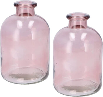 DK Design Bloemenvaas fles model - 2x - helder gekleurd glas - zacht roze - D11 x H17 cm - Vazen