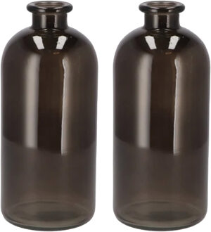 DK Design Bloemenvaas fles model - 2x - helder gekleurd glas - zwart - D11 x H25 cm
