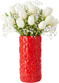 DK Design Bloemenvaas Hearts - rood - keramiek - 11 x 22 cm - bloemenvaas Lente