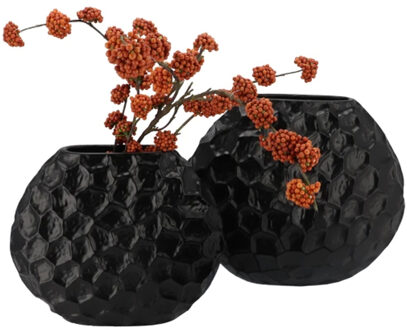 DK Design Bloemenvaas Inga Jada - 2x - plat model - zwart - 24 x 10 cm - moderne vaas - schub motief