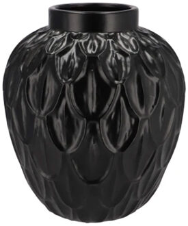 DK Design Bloemenvaas rond model - Boa - zwart - veren/schub relief - 23 x 23 x 25 cm - modern