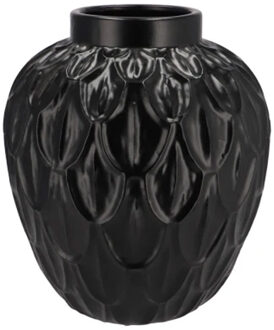 DK Design Bloemenvaas rond model - Boa - zwart - veren/schub relief - 31 x 31 x 35 cm - modern