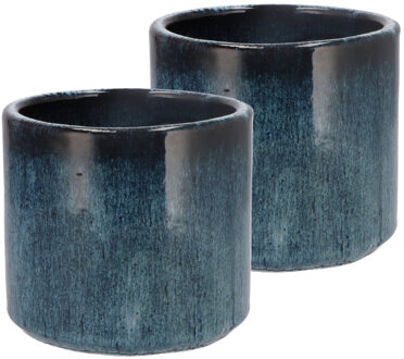 DK Design Bloempot model Blue Glaze - 2x - blauw - D14 x H15 cm - ombre - Plantenpotten