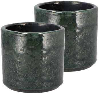 DK Design Bloempot model Green Glaze - 2x - groen - D12 x H13 cm - glanzend - Plantenpotten