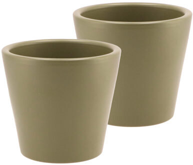 DK Design Bloempot/plantenpot - 2x - Vinci - olijfgroen mat - voor kamerplant - D13 x H15 cm