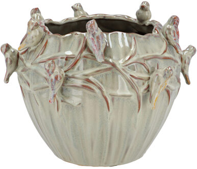 DK Design Bloempot/plantenpot Spring birds - mosgroen - keramiek - D19 x H15 cm