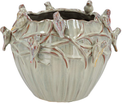 DK Design Bloempot/plantenpot Spring birds - mosgroen - keramiek - D26 x H20 cm