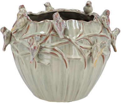 DK Design Bloempot/plantenpot Spring birds - mosgroen - keramiek - D28 x H22 cm