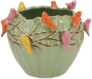 DK Design Bloempot/plantenpot Spring birds - pistache groen - keramiek - D28 x H22 cm