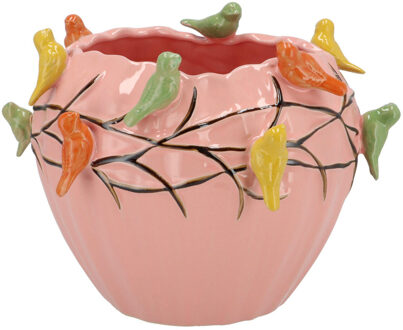 DK Design Bloempot/plantenpot Spring birds - roze - keramiek - D19 x H15 cm