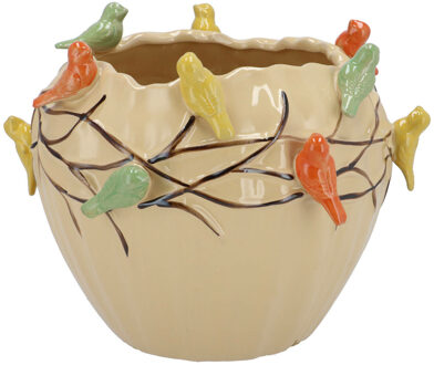 DK Design Bloempot/plantenpot Spring birds - zandkleurig - keramiek - D26 x H20 cm