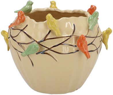 DK Design Bloempot/plantenpot Spring birds - zandkleurig - keramiek - D28 x H22 cm
