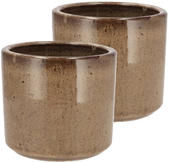 DK Design Bloempot rond model Brown Glaze - 2x - taupe - D12 x H13 cm - glanzend