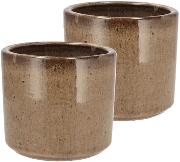 DK Design Bloempot rond model Brown Glaze - 2x - taupe - D14 x H15 cm - glanzend