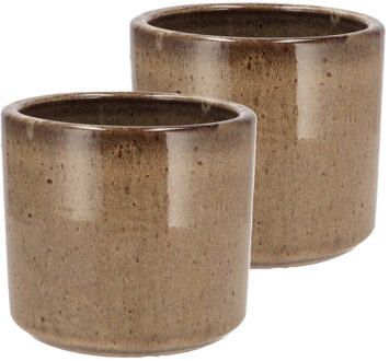DK Design Bloempot rond model Brown Glaze - 2x - taupe - D15 x H17 cm - glanzend
