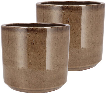 DK Design Bloempot rond model Brown Glaze - 2x - taupe - D18 x H20 cm - glanzend
