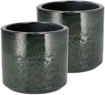 DK Design Bloempot rond model Green Glaze - 2x - groen - D14 x H15 cm - glanzend