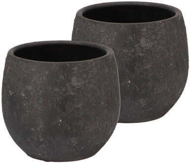 DK Design Bloempot rond model Maya - 2x - verweerd zwart - D14 x H16 cm - rustiek
