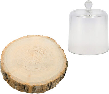 DK Design Decoratie stolp met boomschijf - glas/hout - D17 x H16 cm - deco cloche - woonaccessoire