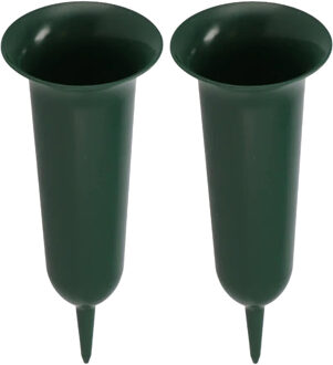 DK Design Grafvaas kunststof - 2x - groen - H26 cm - grafdecoratie - bloemenvaas voor herdenkingsplaats/kerkho