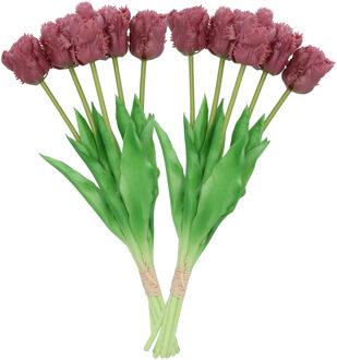 DK Design Kunst tulpen boeket - 10x stuks - aubergine paars - real touch - 39 cm - Kunstbloemen