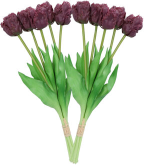 DK Design Kunst tulpen boeket - 10x stuks - donker paars - real touch - 39 cm - Kunstbloemen