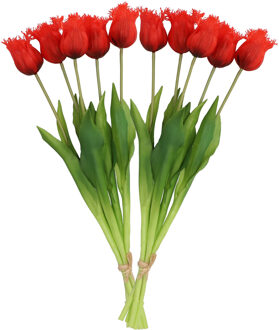 DK Design Kunst tulpen boeket - 10x stuks - rood - real touch - 46 cm - Kunstbloemen