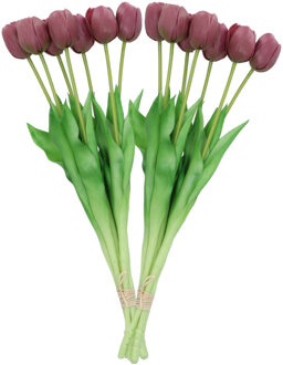 DK Design Kunst tulpen boeket - 14x stuks - aubergine paars - real touch - 43 cm
