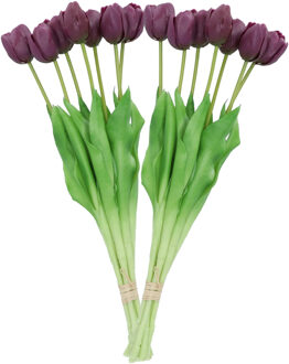 DK Design Kunst tulpen boeket - 14x stuks - donker paars - real touch - 43 cm