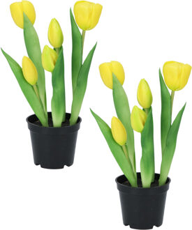 DK Design Kunst tulpen Holland in pot - 2x stuks - geel - real touch - 26 cm