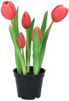 DK Design Kunst tulpen Holland in pot - 5x stuks - fuchsia roze - real touch - 26 cm - Kunstbloemen