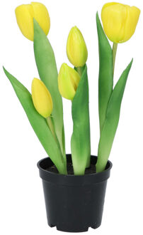 DK Design Kunst tulpen Holland in pot - 5x stuks - geel - real touch - 26 cm - Kunstbloemen