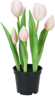 DK Design Kunst tulpen Holland in pot - 5x stuks - lichtroze - real touch - 26 cm - Kunstbloemen