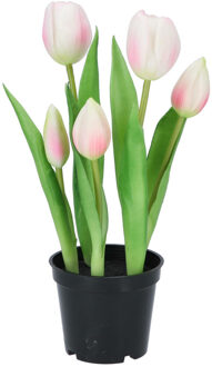 DK Design Kunst tulpen Holland in pot - 5x stuks - lichtroze - real touch - 26 cm