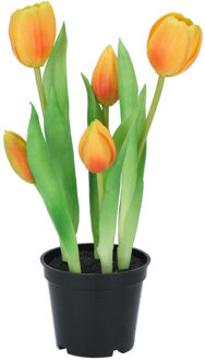 DK Design Kunst tulpen Holland in pot - 5x stuks - oranje - real touch - 26 cm - Kunstbloemen