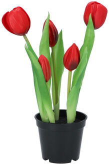 DK Design Kunst tulpen Holland in pot - 5x stuks - rood - real touch - 26 cm - Kunstbloemen