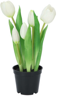 DK Design Kunst tulpen Holland in pot - 5x stuks - wit - real touch - 26 cm - Kunstbloemen